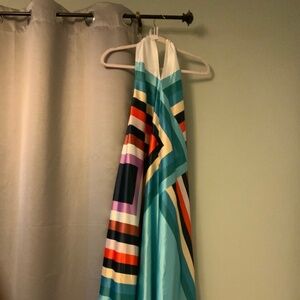Fab’ rik Asymmetrical Multi-Color Dress with a Gold Circular Neck